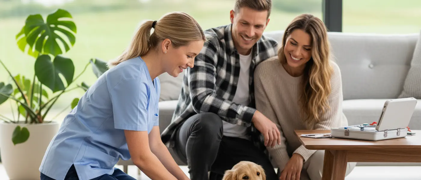 Eläinlääkäri tutkii kultaista noutajaa olohuoneen lattialla suomalaisessa kodissa