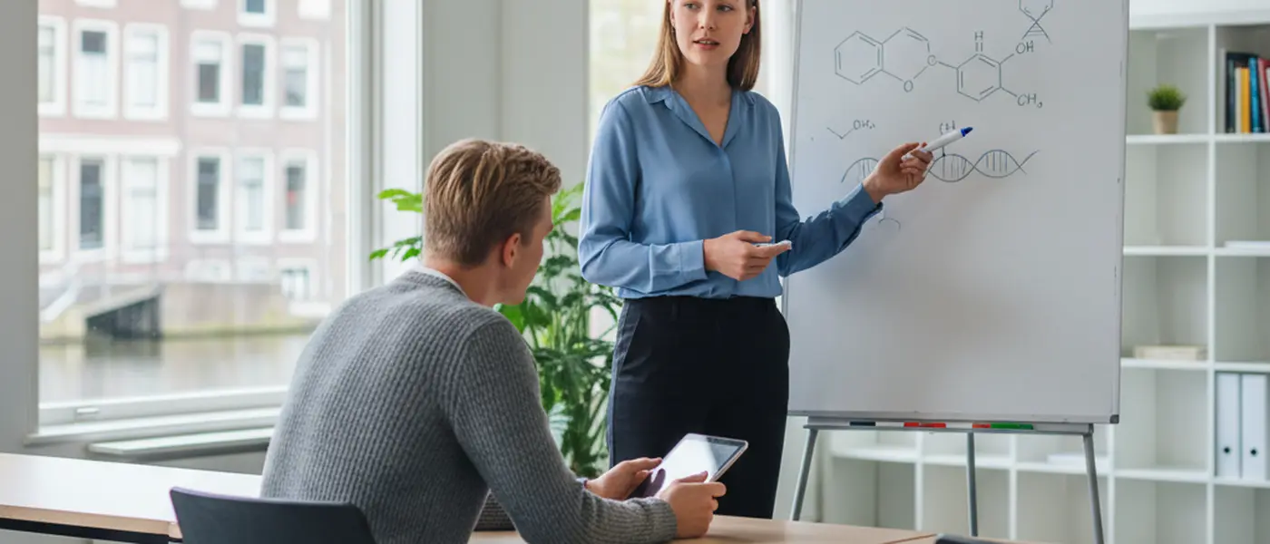 Bijlesdocent legt moleculaire structuren uit op een whiteboard aan een leerling