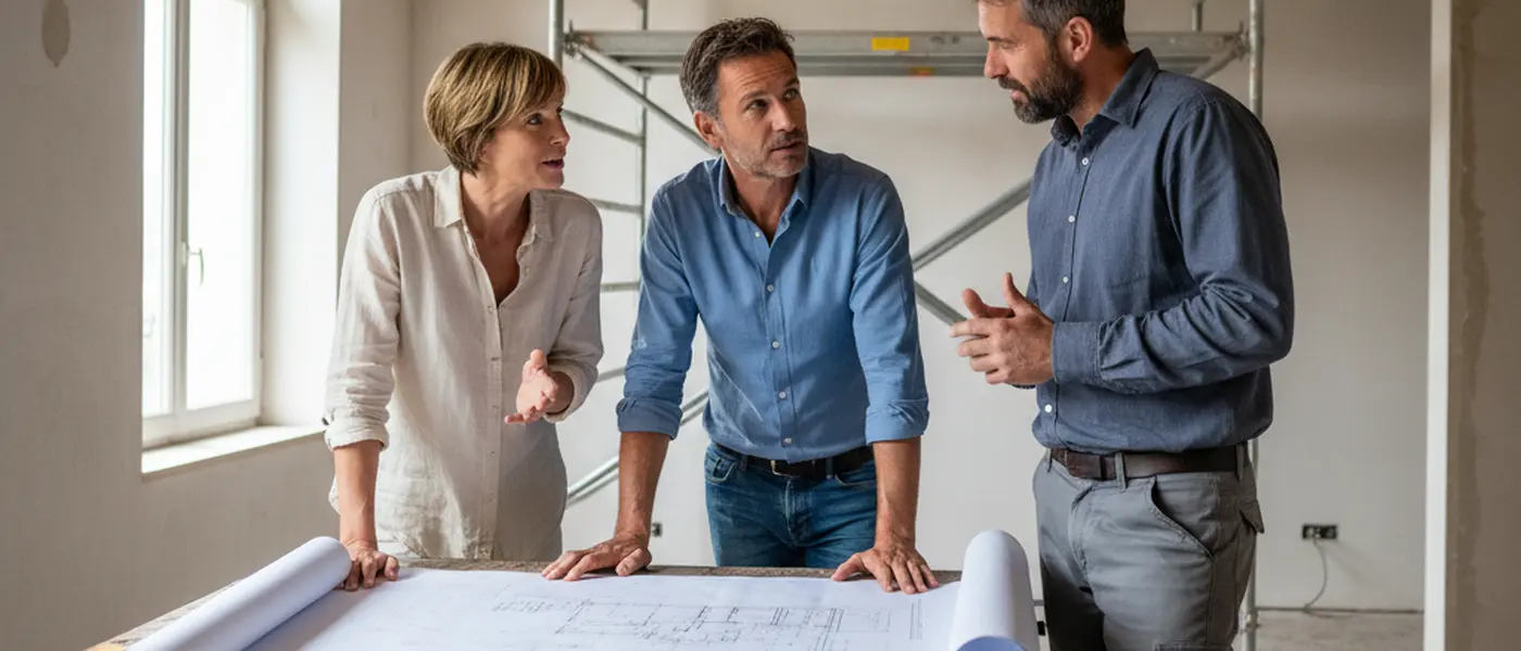 Couple français discutant de plans de rénovation avec un artisan dans une cuisine en travaux