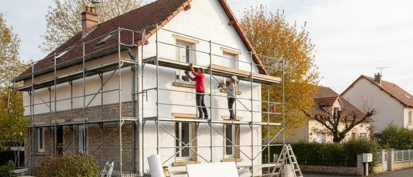 Façade de maison française avec panneaux d'isolation thermique en cours de pose et échafaudage