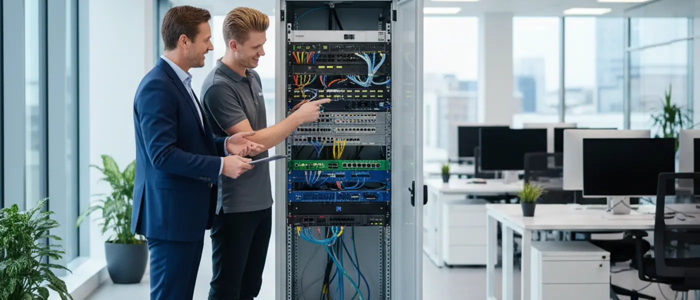 Small business owner and IT technician reviewing a server rack in a modern UK office