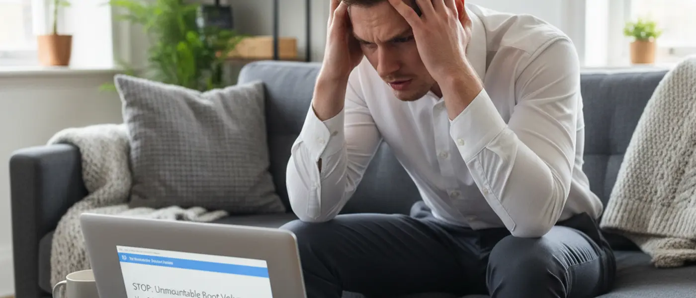 Person at home looking at a laptop with a blue error screen, ready to call for help