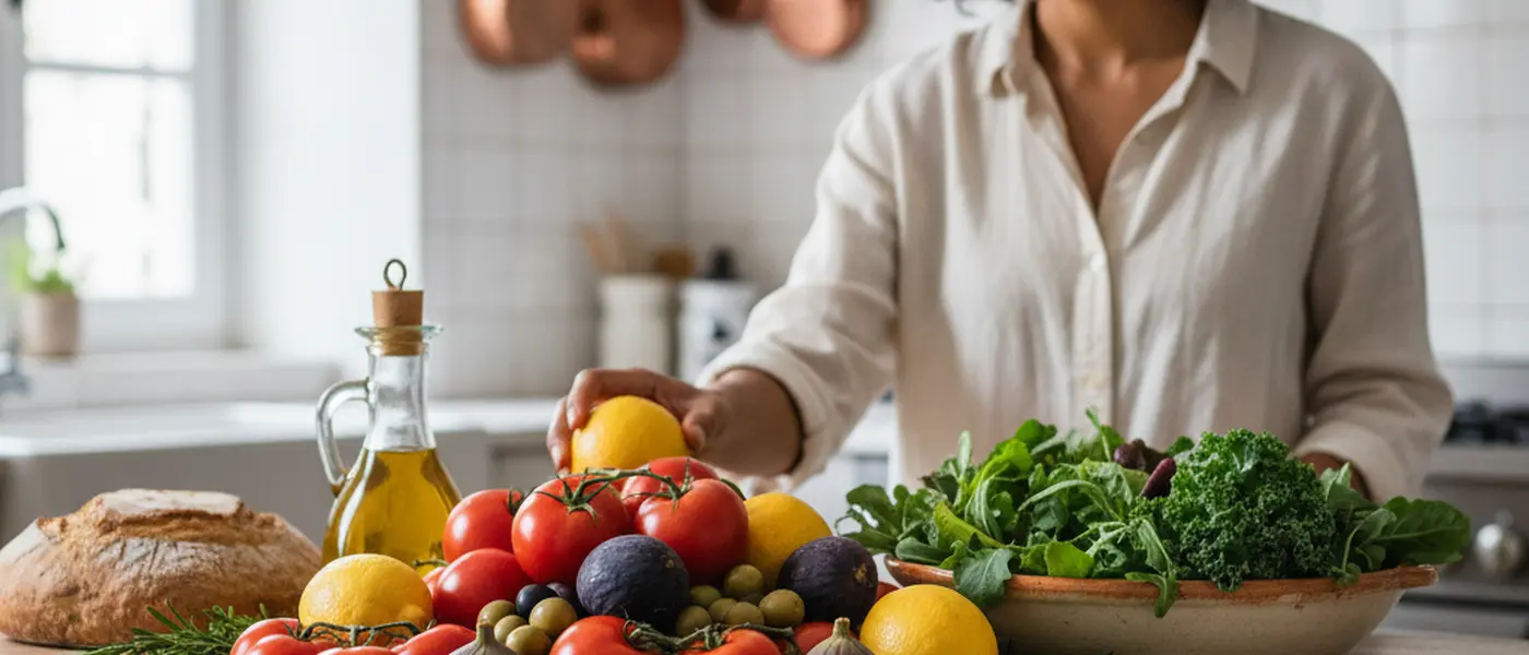 Frutas e legumes frescos do Mediterrâneo numa mesa de madeira com azeite, ingredientes para uma alimentação equilibrada