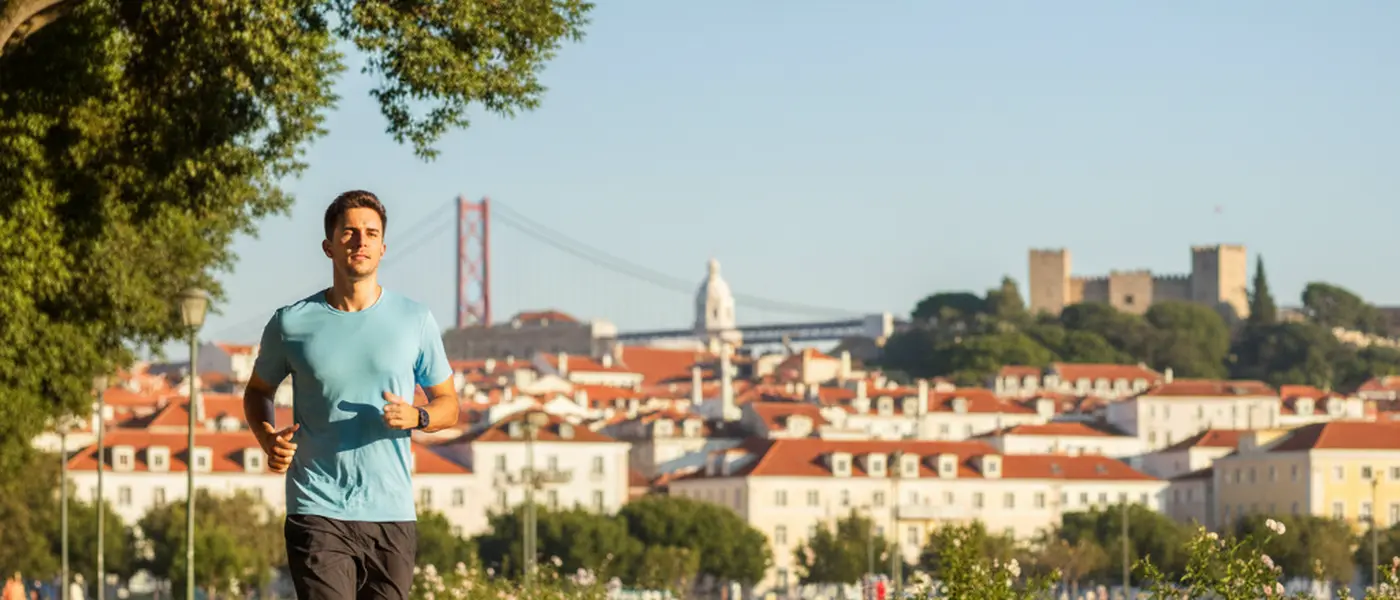 Jovem a correr num parque em Lisboa numa manhã soalheira, árvores e cidade ao fundo