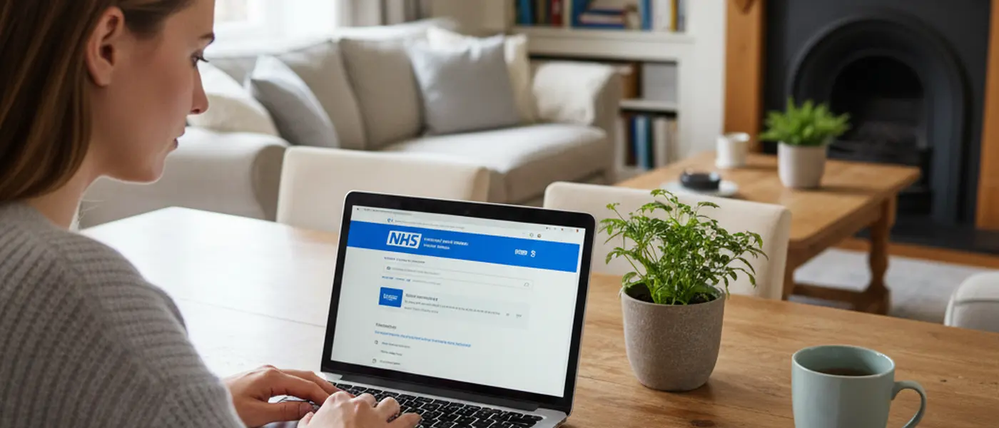 Person searching for a dermatologist on a laptop at home with a notepad beside them