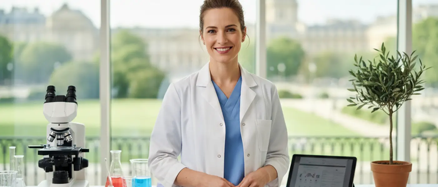 Woman consulting a dermatologist in a modern NHS clinic examination room