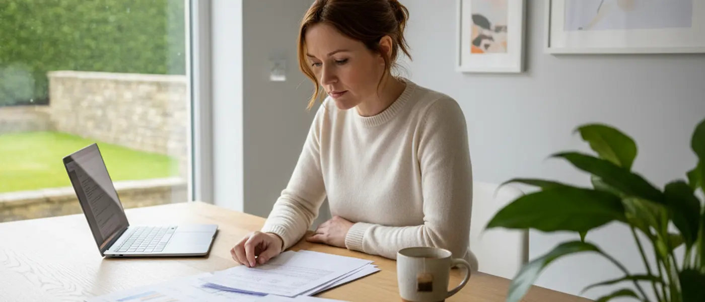 A woman reviewing financial documents and a pension statement at a home office desk, focused expression