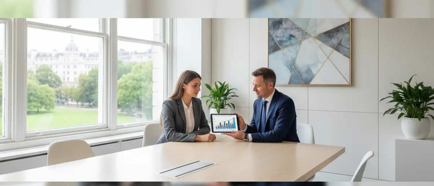 A financial advisor showing a portfolio chart on a tablet to a client in a bright meeting room