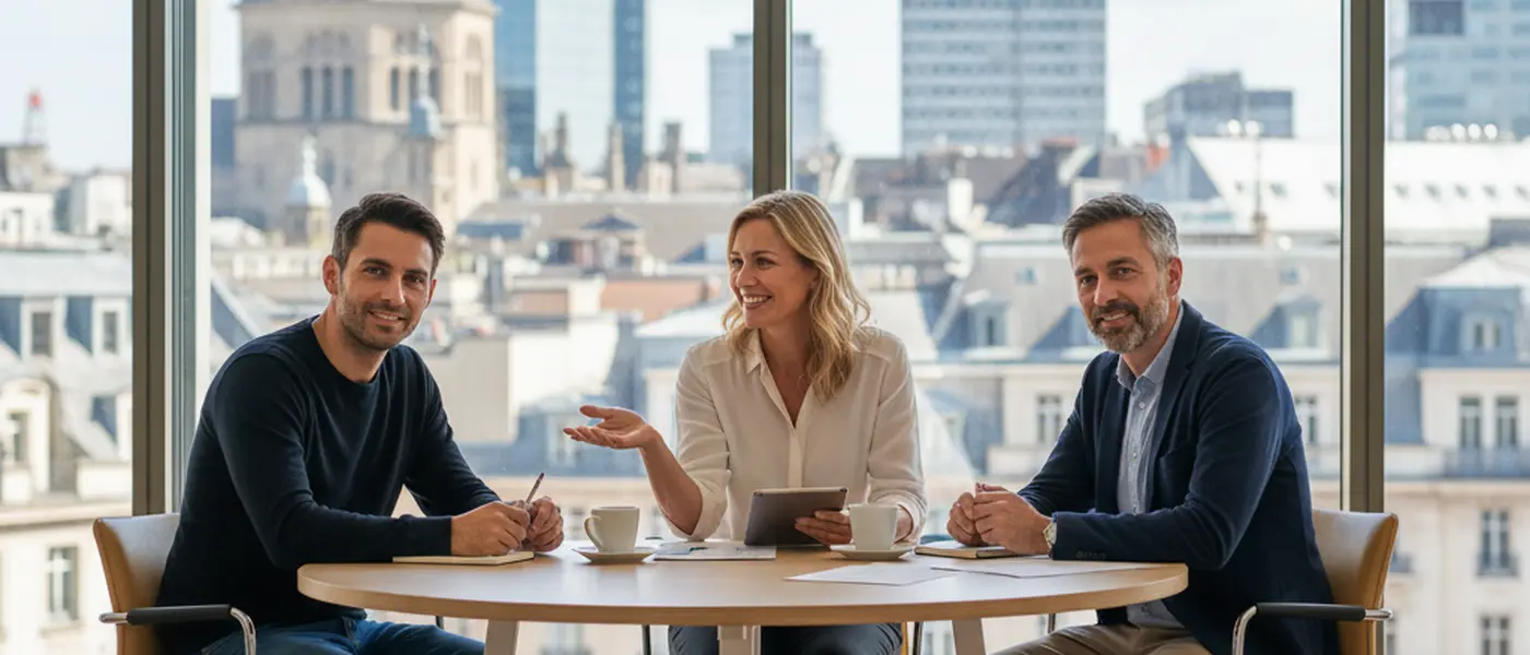 A British couple consulting with a financial advisor in a modern London office with documents and laptop on the desk